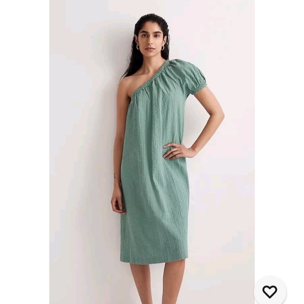 Madewell Seersucker One-Shoulder Puff-Sleeve Midi Dress in Trellis Green XS